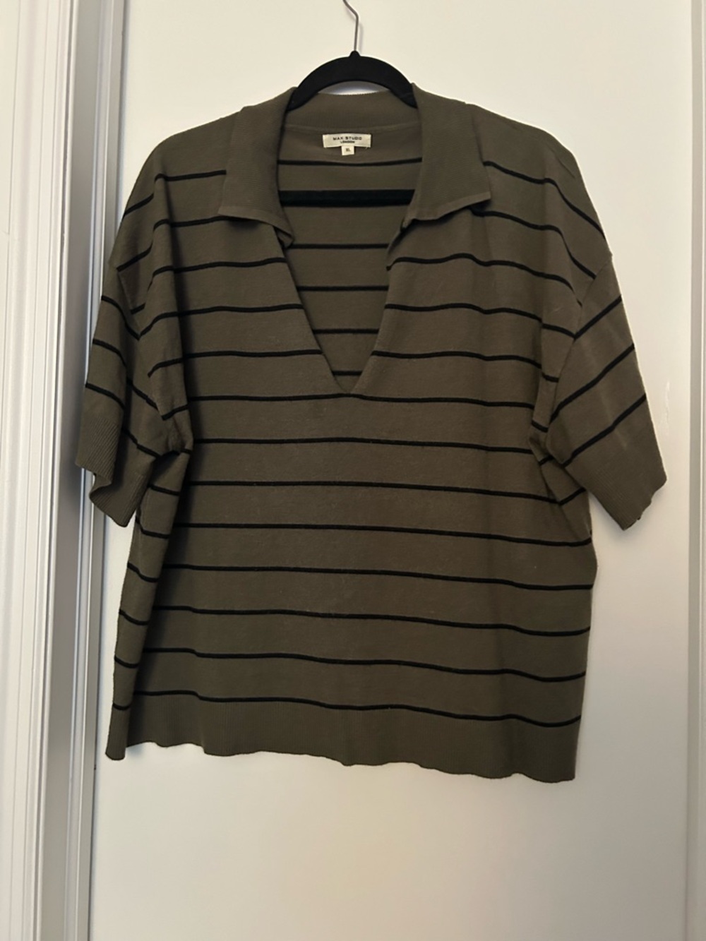 Max Studio Olive & Black Striped Short Sleeve Polo Tee